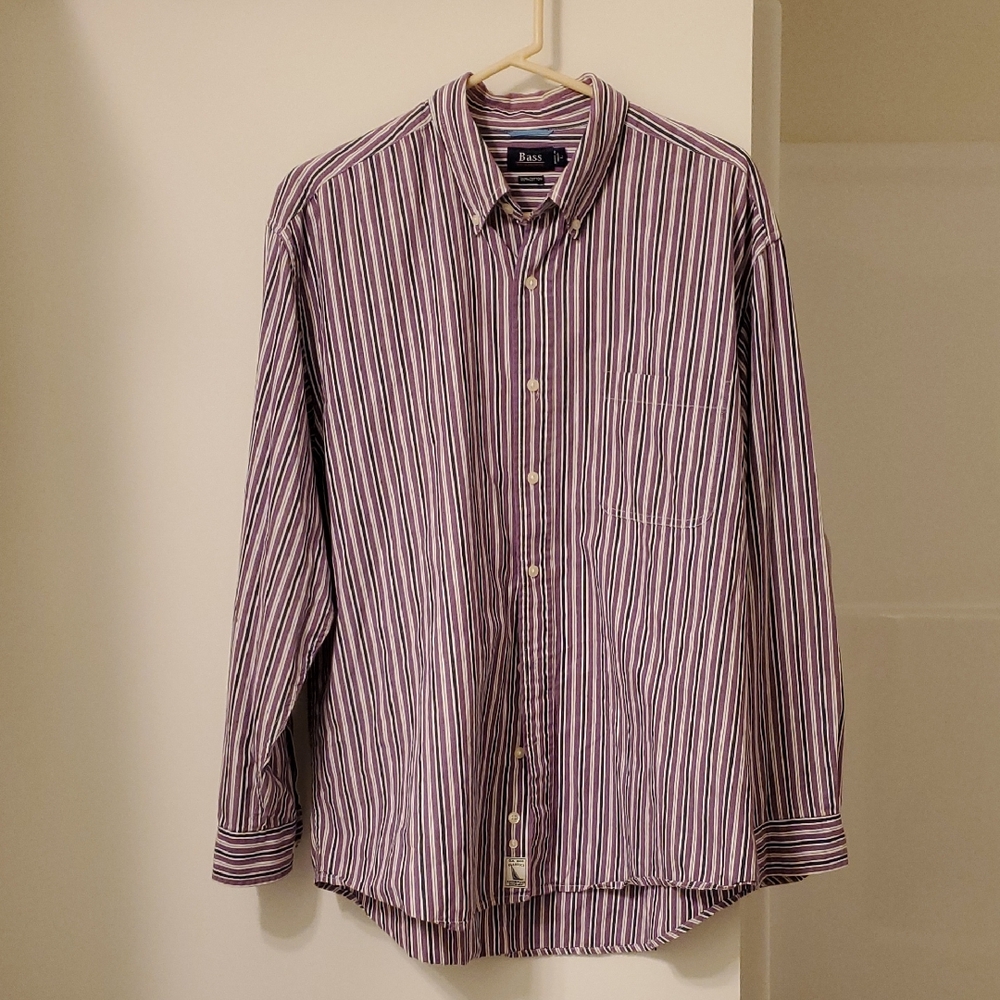 GH Bass Men's Casual Striped Shirt - Purple and White